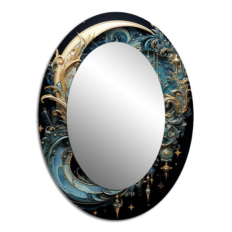 Symbols Crescent Moon And Stars - Fantasy Oval Decorative Mirror On Metal, 40" x 30"