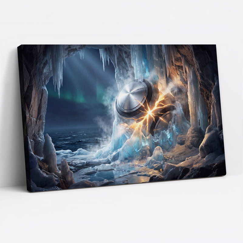 Sphère futuriste dans une grotte de glace avec aurores boréales - Toile murale, 24"H x 36"W