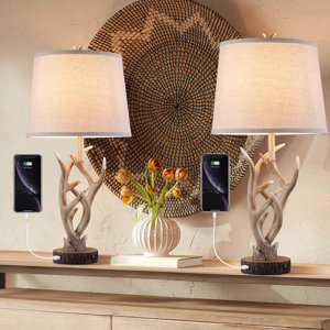 26" Rustic Farmhouse Resin Antler Table Lamp with USB Ports