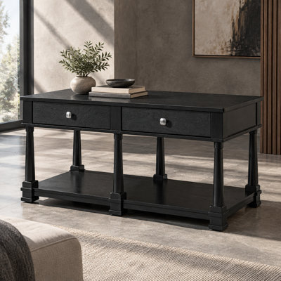 Rectangular Wood Coffee Table with Drawers and Open Shelf, Farmhouse Cocktail Table with Solid Wood Legs, 45.38" L