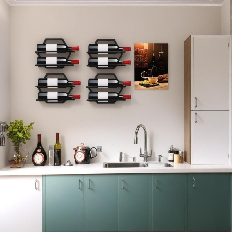 Wall Mounted Wine Rack, 2-Pack Black Metal, 4-Bottle Holder Hanging Display Shelf