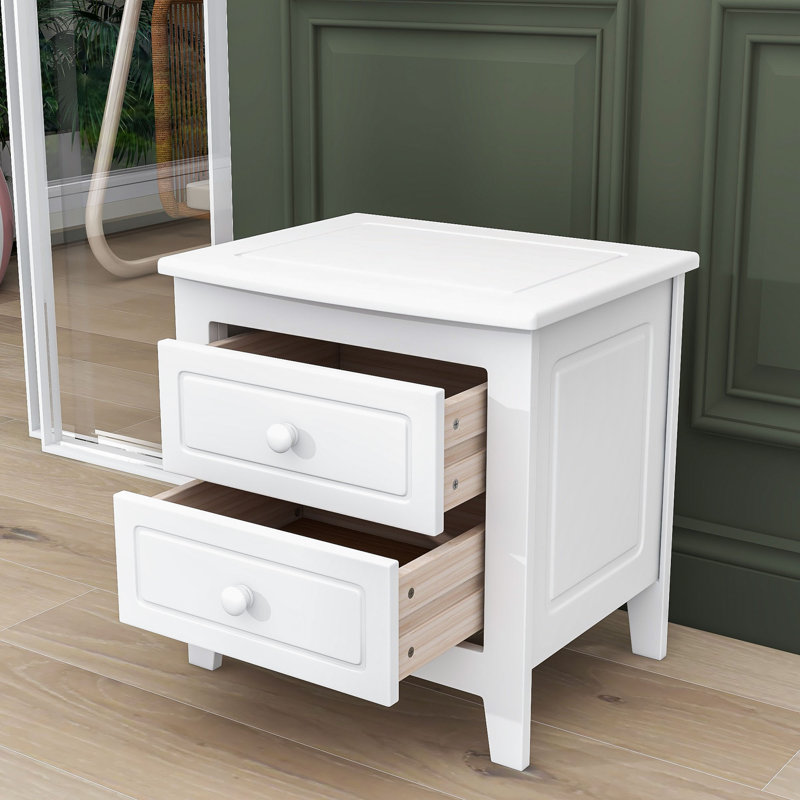Table de chevet 2 tiroirs, table de chevet rétro Mid-Century avec design classique, Blanc