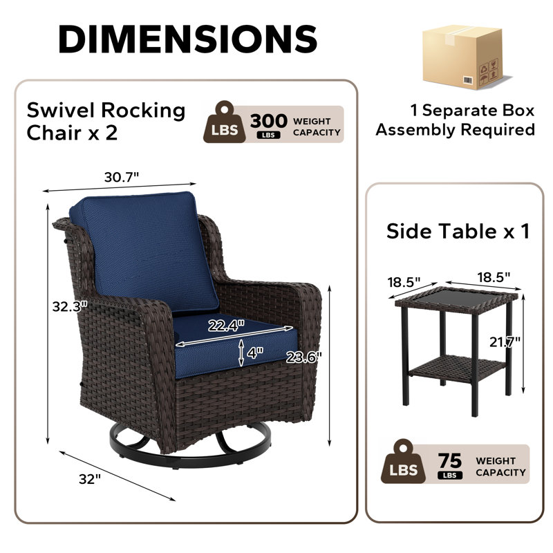 Vaylen 3-piece Patio Rattan Swivel Chair Set, Dark Blue, Brown