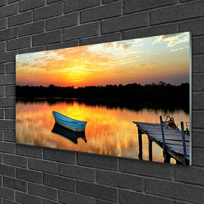 Landscape Boat Bridge Lake - No Frame Print on Glass