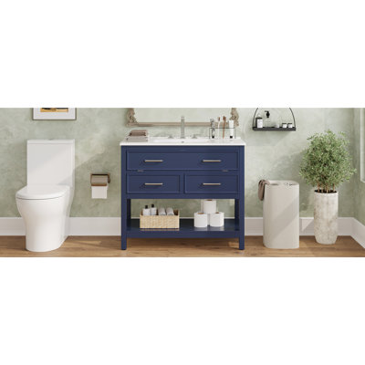 36" Bathroom Vanity Of Blue With Waterproof Material, Glossy Ceramic Sink, Tip - Out Tray, Drawers And Open Decor Area Color 36 Inch Stain Surface, Soft Close Drawers, Silver Pulls Access Storage Rack