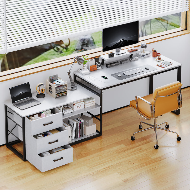 L-Shaped Metal Base Computer Desk, Black, Grey