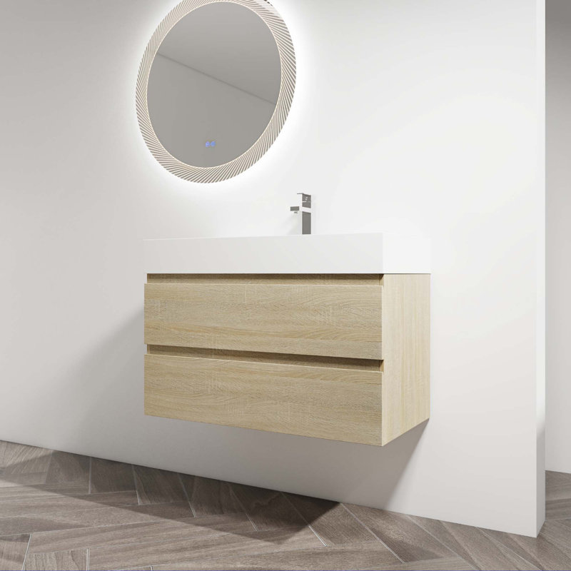 Meuble-lavabo mural avec lavabo en résine, Chêne clair, 36"