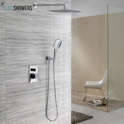 Système de douche chromé 16 pouces avec valve thermostatique et douchette, fixation murale