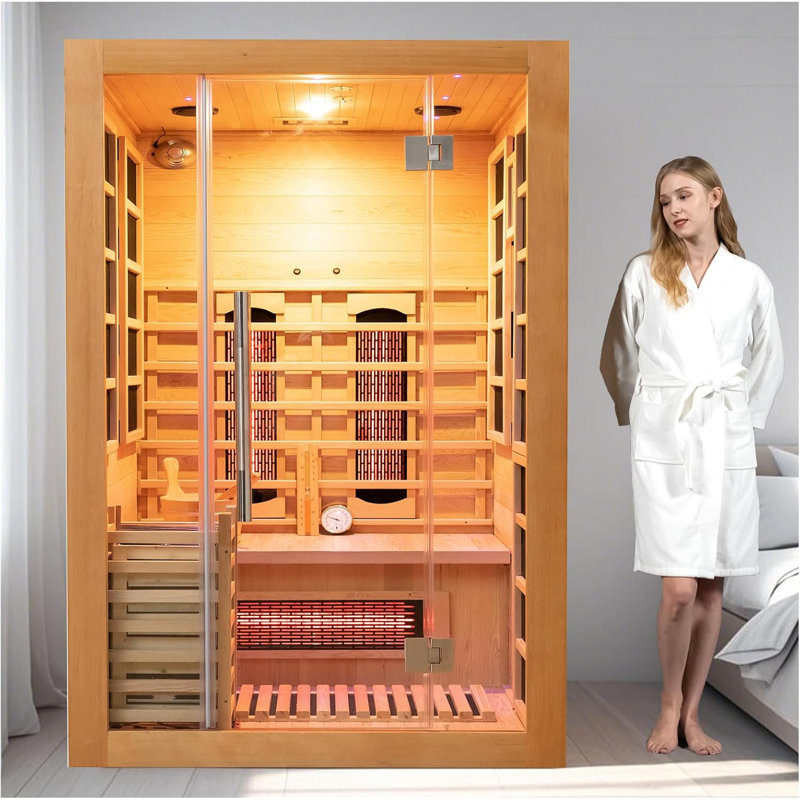 Wood Home Hybrid Sauna for 2 Person, Far Infrared & Steam Dual System Indoor Traditional Saunas, 1900W/3.5KW, 9 Heating Elements and Heating Stove, Speaker, Oxygen Bar, Water Bucket, Rocks, Hemlock