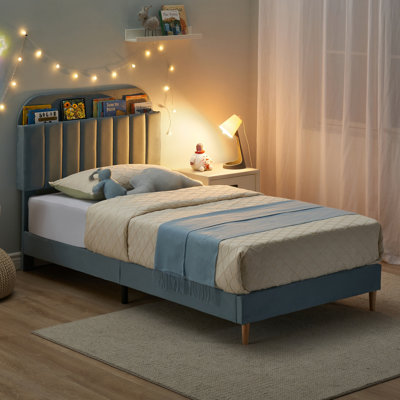 Kids Bed Frame with Bookcase Headboard, Platform Bed with Slats Support for Teens, No Box Spring Needed by George Oliver