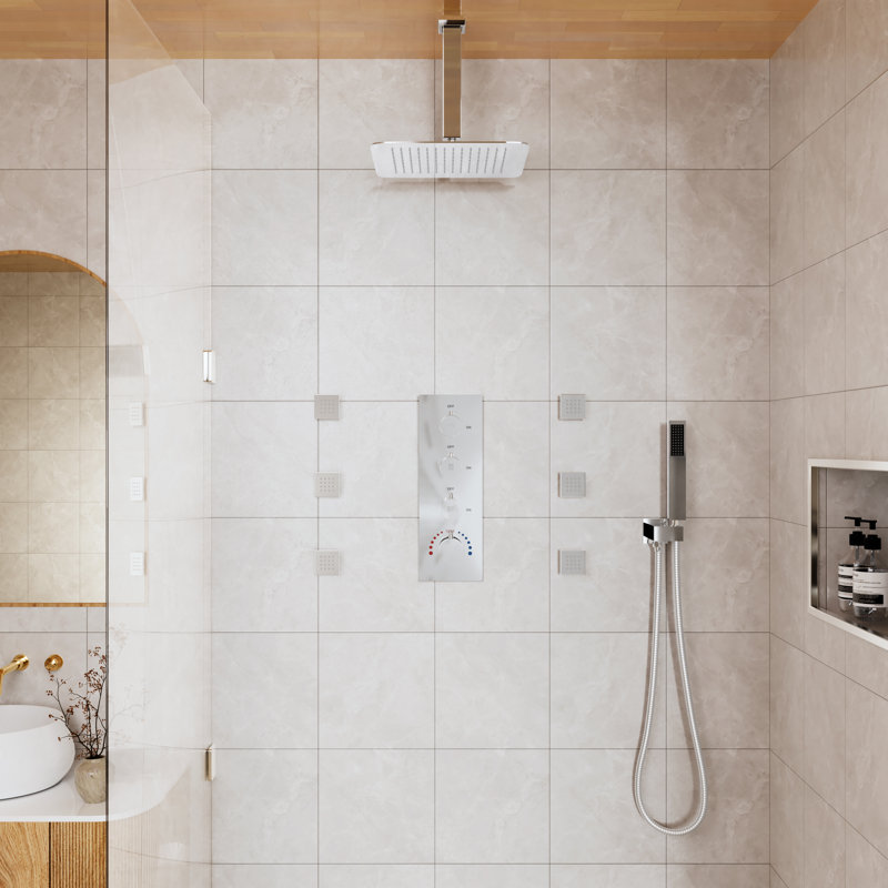 3-Fuction 12" Ceiling-Mount Thermostatic Rainfall Shower System with 6 Body Jets and Rough-in Valve, Chrome