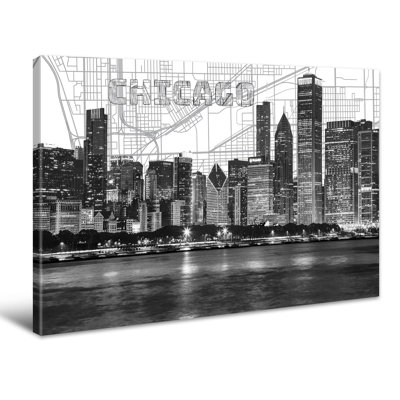 Chicago Skyline Wall Art Framed Canvas Print - Modern Black & White Panorama Cityscape Poster For Home Office Decor Ready-To-Hang Living Room Artwork 24"X36"