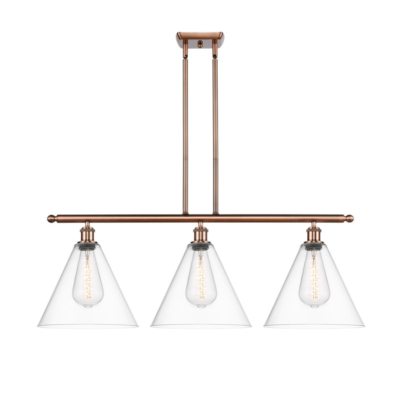 Luminaire suspendu linéaire à 3 lumières pour îlot de cuisine Andrienna, Cuivre antique, H 47,25 po x l 38,5 po x P 12 po