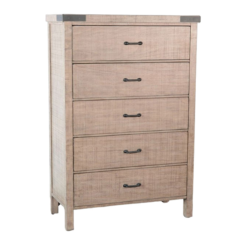 Commode haute à 5 tiroirs Desy, bois d'acajou brun clair