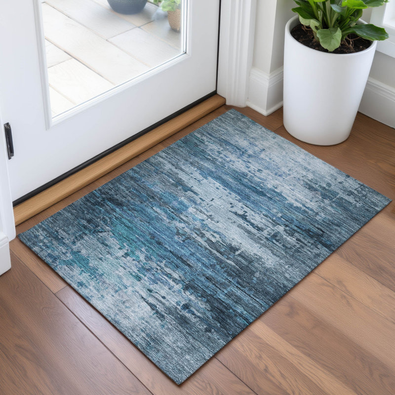 Tapis bleu intérieur / extérieur lavable à la machine Xhevrie, Rectangle 1 pi 8 po x 2 pi 6 po