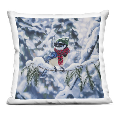 Coussin décoratif imprimé perché Christmas Christmas Jay par Jim Baldwin
