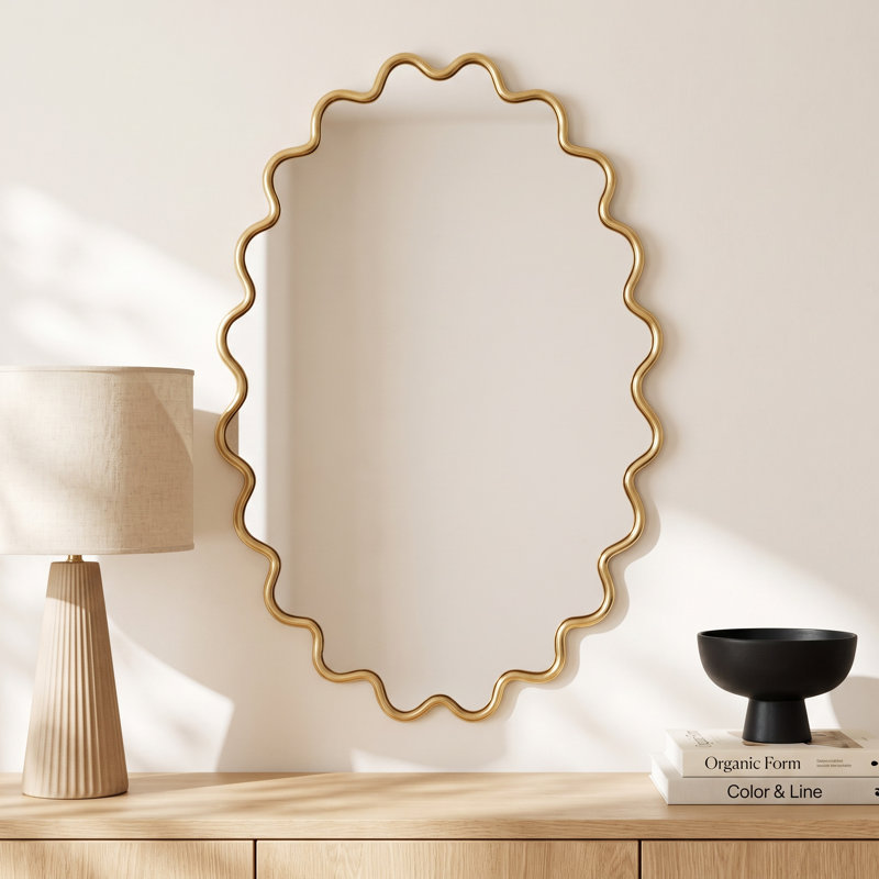 Modern Wavy Framed Oval Wall Mirror, Gold