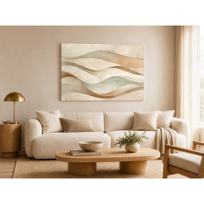 Sage Drift Neutral Layered Wave Wrapped Canvas Wall Art