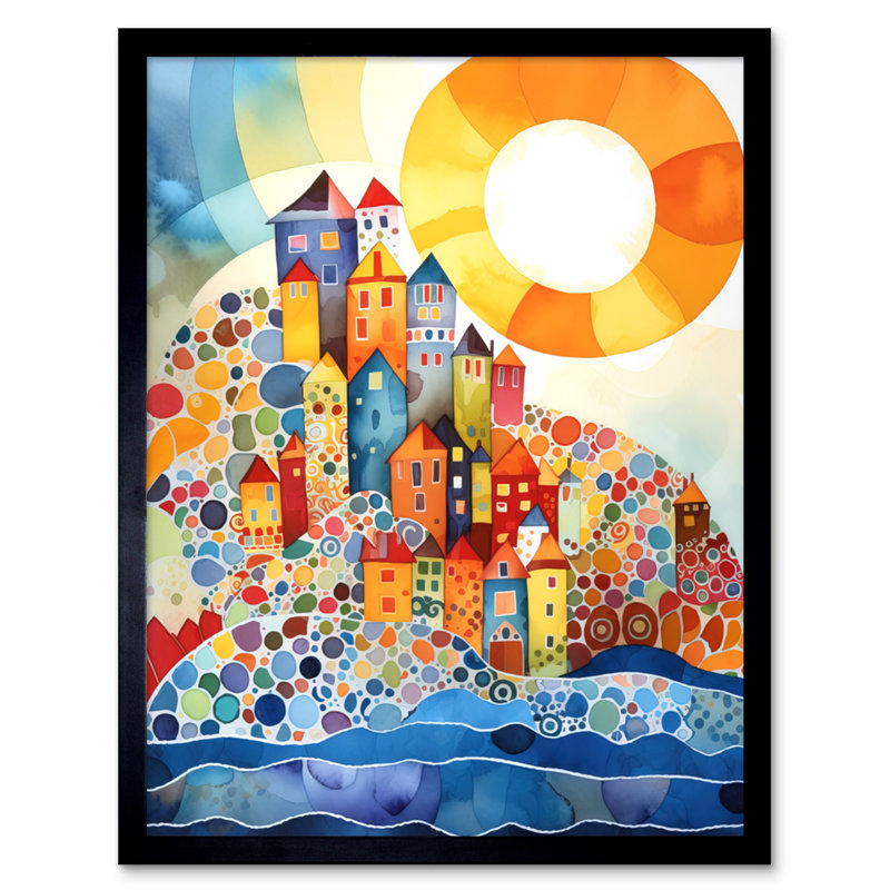 Abstract Seascape Sunrise Village Folk Art Artwork Framed Wall Art Print 9X7 Inch