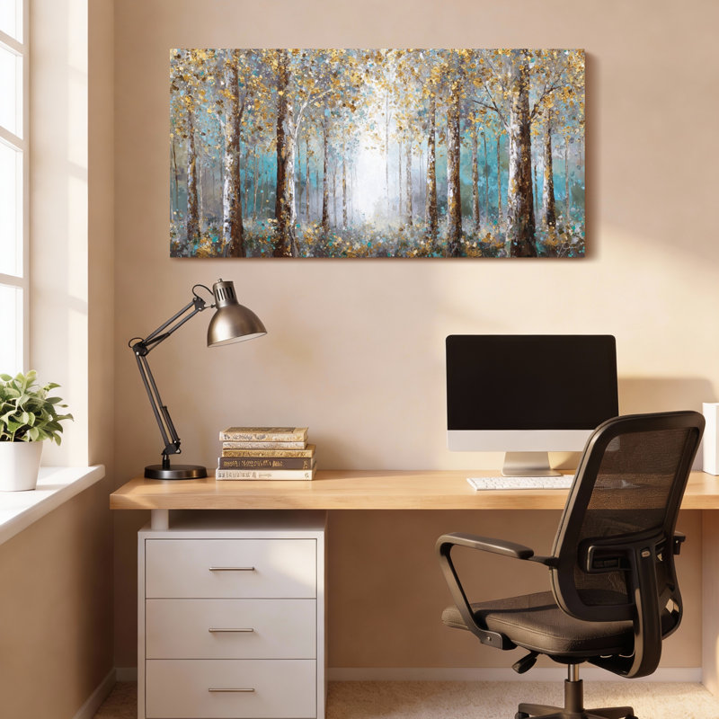 Tableau sur toile tendue représentant un paysage d'automne avec des bouleaux, H 12 po x l 36 po