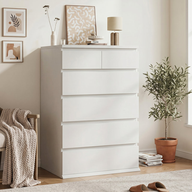 Minimalist Modern 6-Drawer Chest with Grille-Fronted Drawers, White,  6 