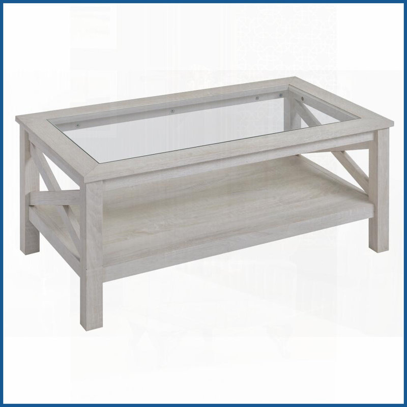 Table basse en chêne blanc Farmhouse avec plateau en verre trempé - facile à nettoyer et amp; Gain de place pour le salon