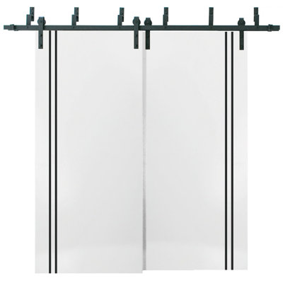Portes coulissantes de placard de style grange Planum 0016 Blanc Soie, fixation supérieure robuste, rails de 2 m, ensemble de quincaillerie en bois massif pour portes de placard de chambre - 183 x 213 cm (2 x 91 x 213 cm)