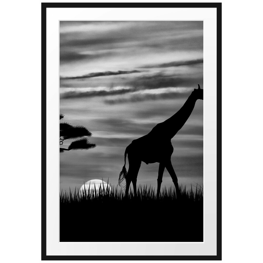 Gerahmtes Poster Giraffe im Sonnenuntergang