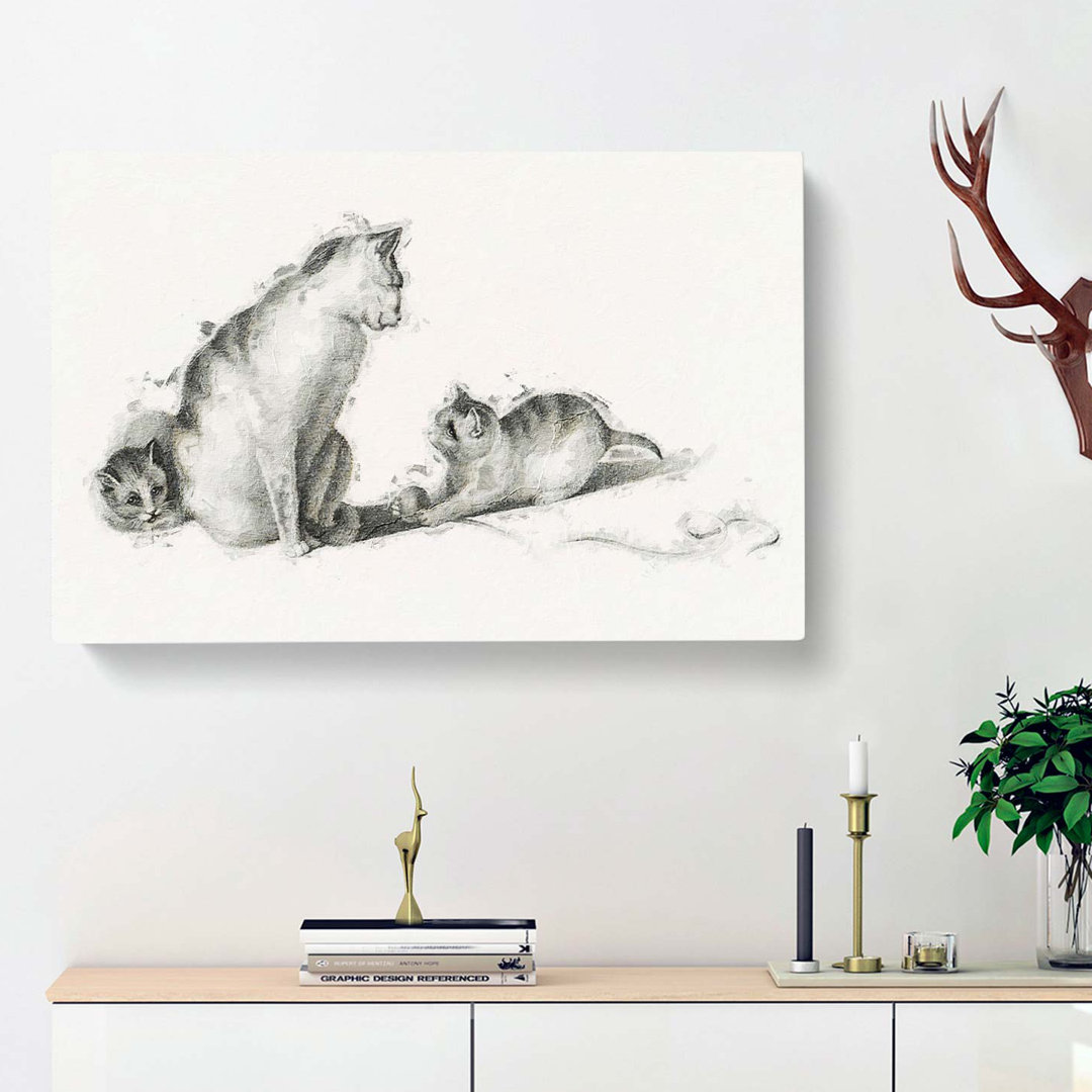 Cat Playing with Kittens by Gottfried Mind - Wrapped Canvas Drawing - Wrapped Canvas