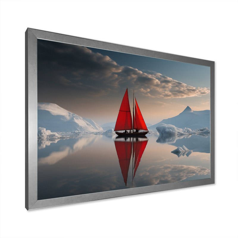 Voilier rouge arctique - impression sur toile, H 34 po x l 44 po x P 1,5 po, Cadre simple argenté