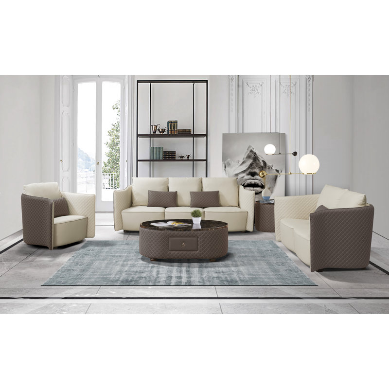 Makassar Loveseat, Lite Gray/Taupe Genuine Leather