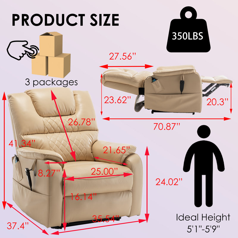 Carollynn Faux Leather Reclining, Dual Motor Lay Flat with Heat & Massage, Beige Faux Leather