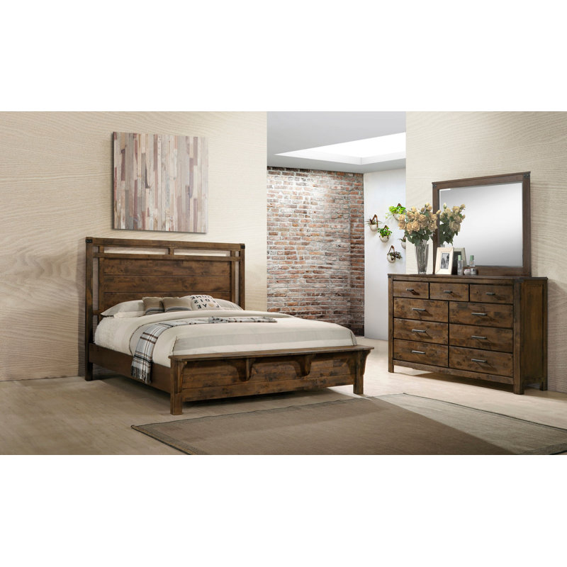 Ensemble de chambre à coucher à panneau brun Keslie, 6 pièces: lit, commode, miroir, 2 tables de cheve, Très grand lit