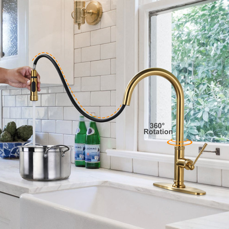 Brass Single Handle Pull Down Sprayer Kitchen Faucet, Deck-Mounted Kitchen Sink Faucet 2-Mode Spray, Gold