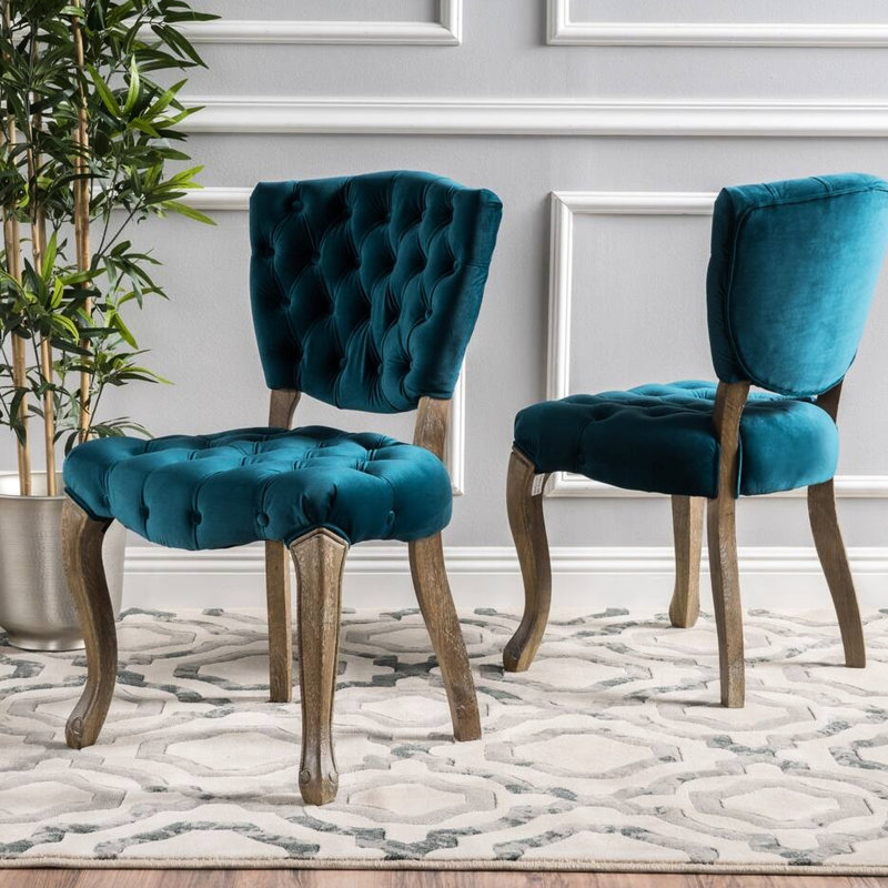 2 chaises de salle à manger Kd, siège en velours bleu sarcelle foncé, structure en bois, design d'inspiration rétro, 2 sièges confortables - solides et exquis