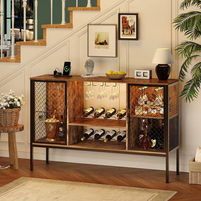 42" Industrial Coffee Bar Cabinet with LED Lights, Power Outlets & Wine Storage, Rustic Brown by Wrought Studio