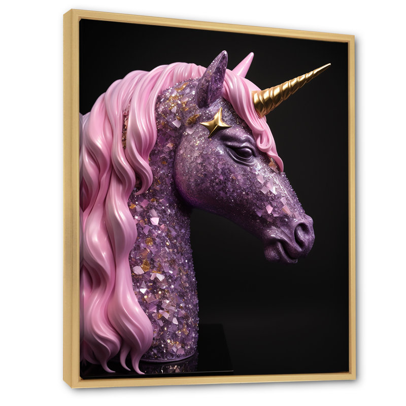 Portrait de licorne glam rose avec corne d'or I sur toile, H 20 po x l 12 po x P 1 po, Cadre flottant brun