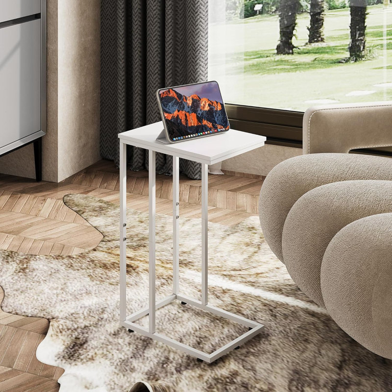 24.9'' C-Table End Table with Solid Wood Top and Steel Base for Sofa, Bed Side, White