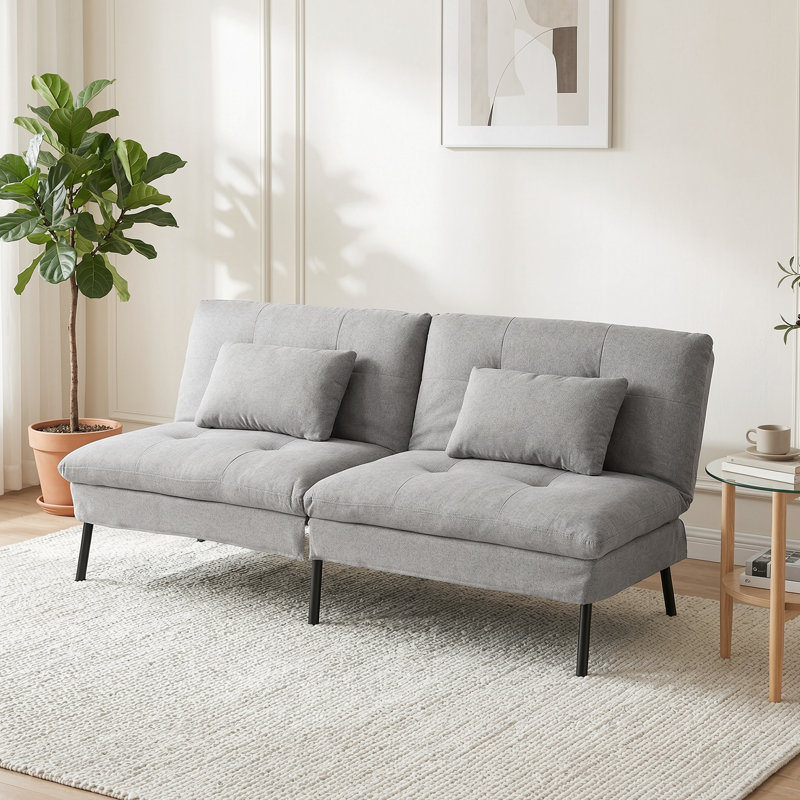 2 Seater Sofa Bed with 2 Cushions, Adjustable Backrest with Non-Slip Feet, Linen Look Fabric for Liv, Light Grey