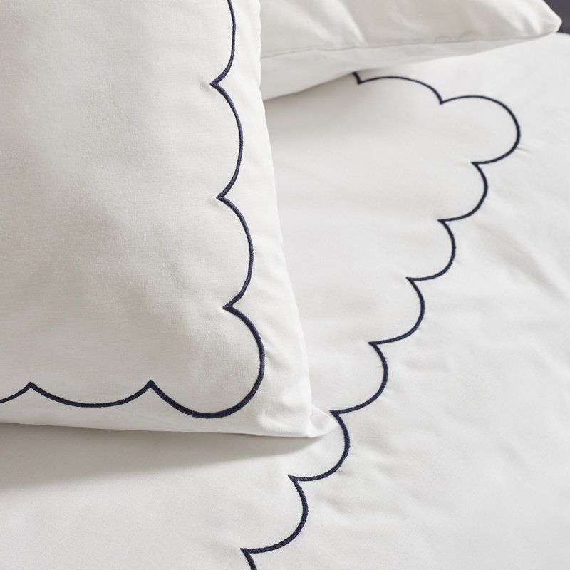 Scallop Border Embroidery Duvet Cover Set, Navy, Kingsize Duvet Cover + 2 Standard Pillowcases