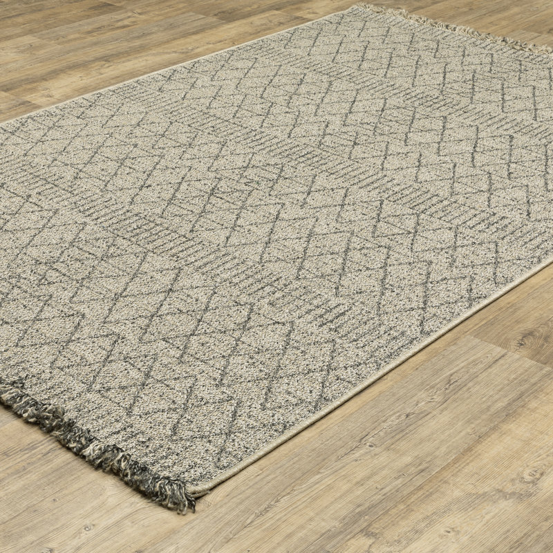 Tapis rayé à motif géométrique beige / noir Rayfe, Rectangle 5 pi 3 po x 7 pi 3 po