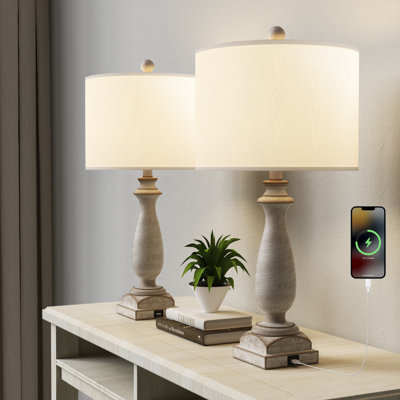 Masonboro 26,5 po en résine brun antique rétro à intensité variable pour chambre à coucher / salon table de chevet table de chevet avec abat-jour empire en lin et port USB