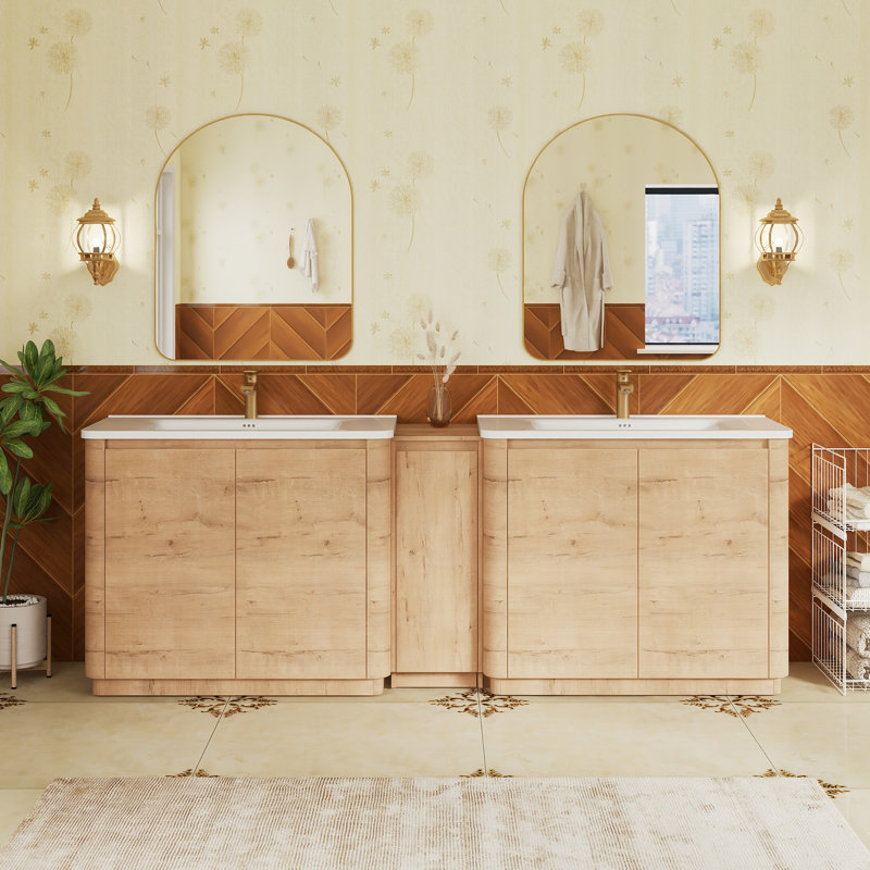 Meuble-lavabo double sur pied de 91,3 pouces avec dessus en céramique, 91.3"