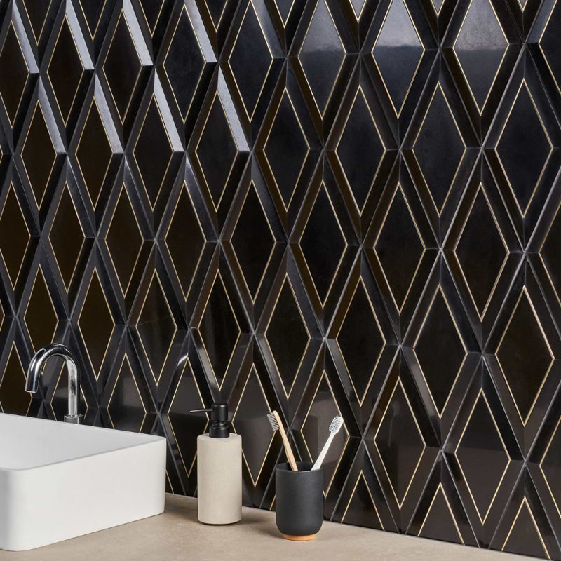 Basque 6x12 Beveled Polished Marble Tile, Black/Brass