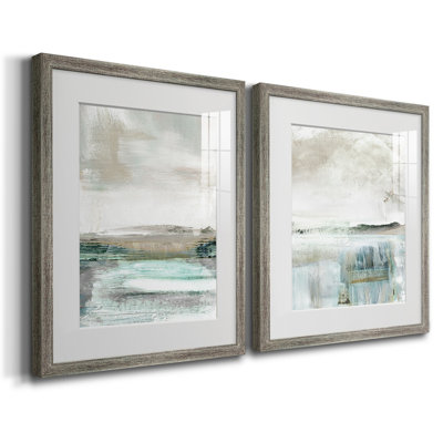Summer Teal I - Matted and Framed Under Acrylic Glass, Set of 2, Large Living Room Wall Art