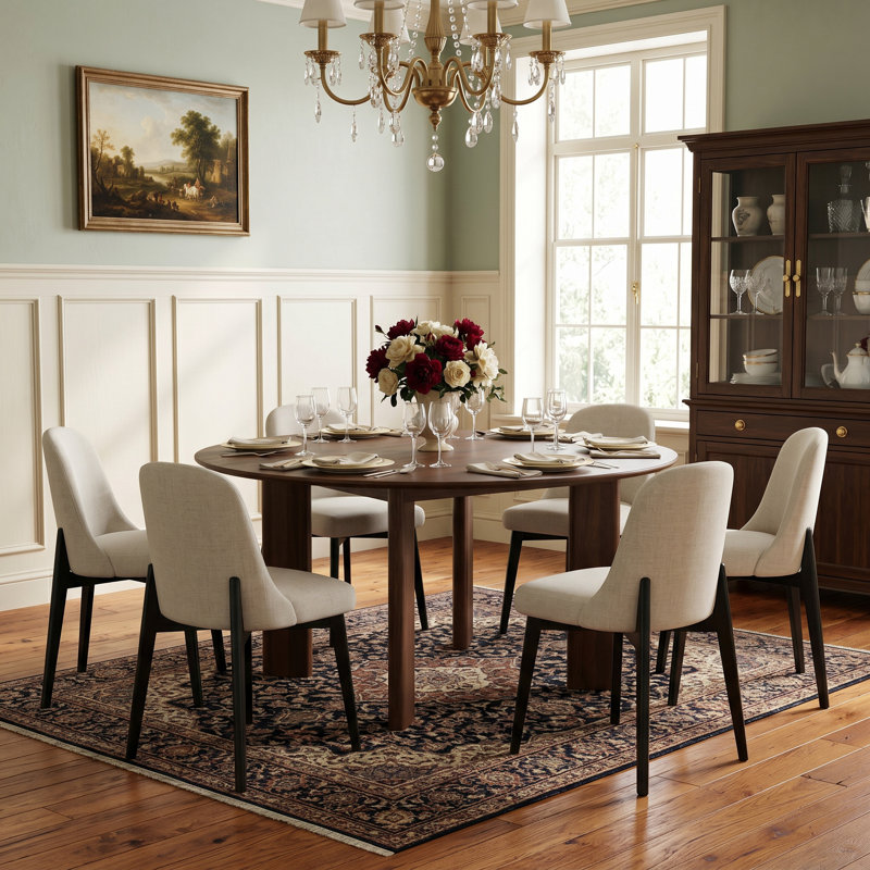 Tables de cuisine rondes en noyer de 59 po avec 6 chaises Moton, 30" H x 59" W x 59" D, 7 Pieces: Table, 6 Chairs, Walnut