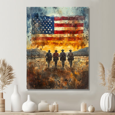 California Gold Rush Cowboys And USA Flag II - Traditional Metal Art Print, USA Metal Wall Art