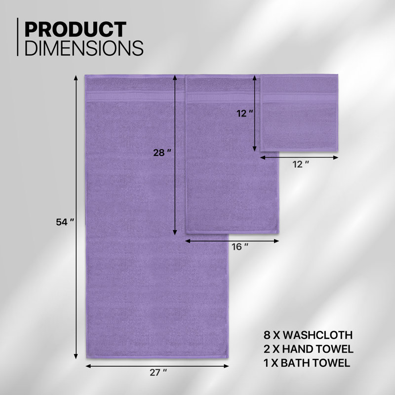Kimmarie 11 Piece Cotton Towel Set, Bath Towel 27x54", 2 Hand Towels 16x28" and 8 Wash Cloths 12x12", Light Purple