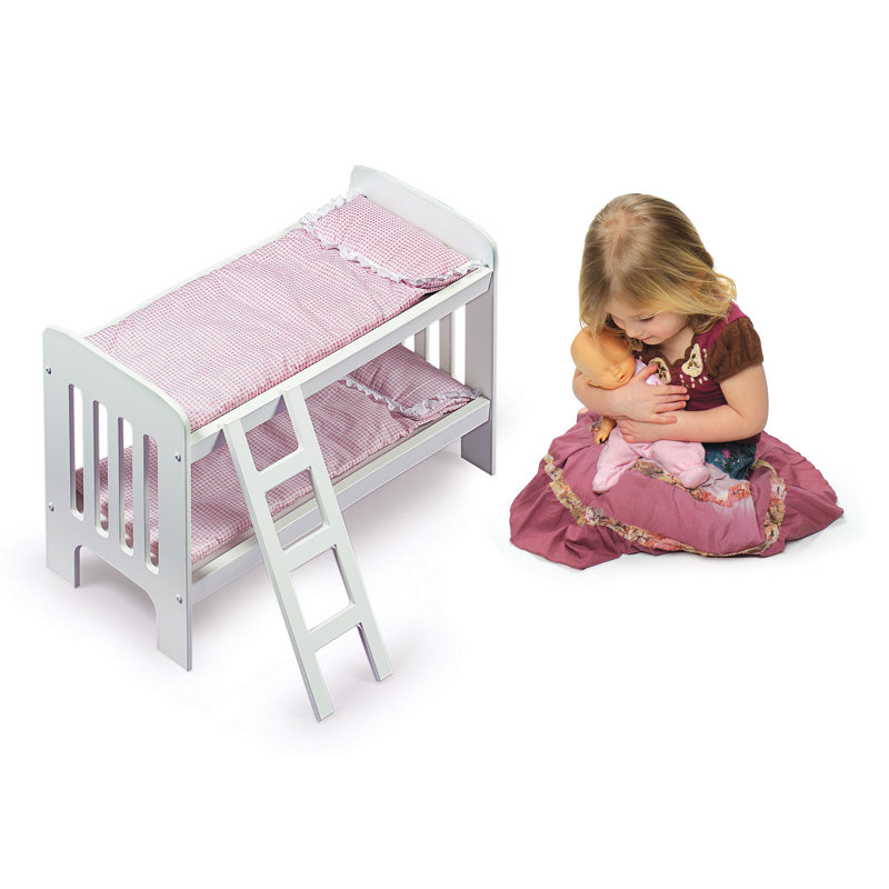 White and Pink Gingham Wooden Doll Bunk Bed with Ladder
