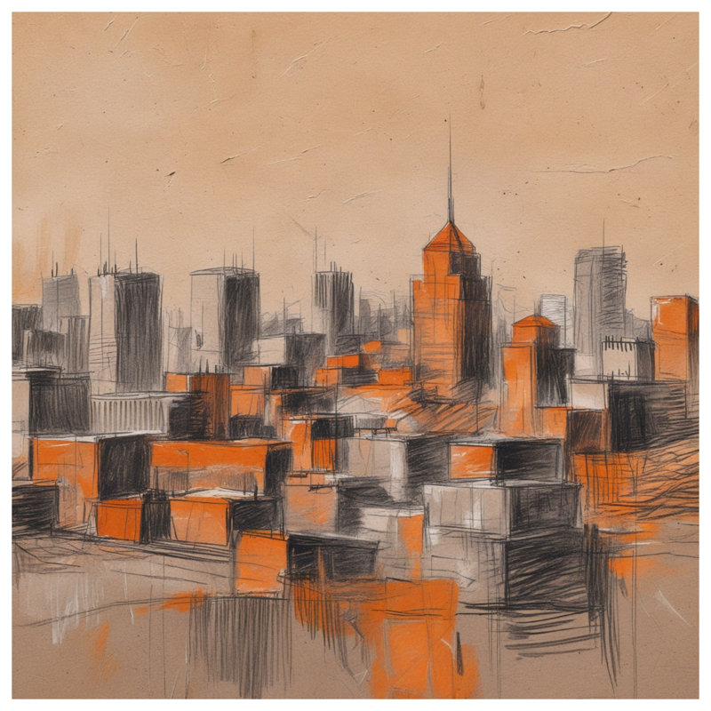 Toile tendue orange avec paysage urbain, 20 x 24 pouces